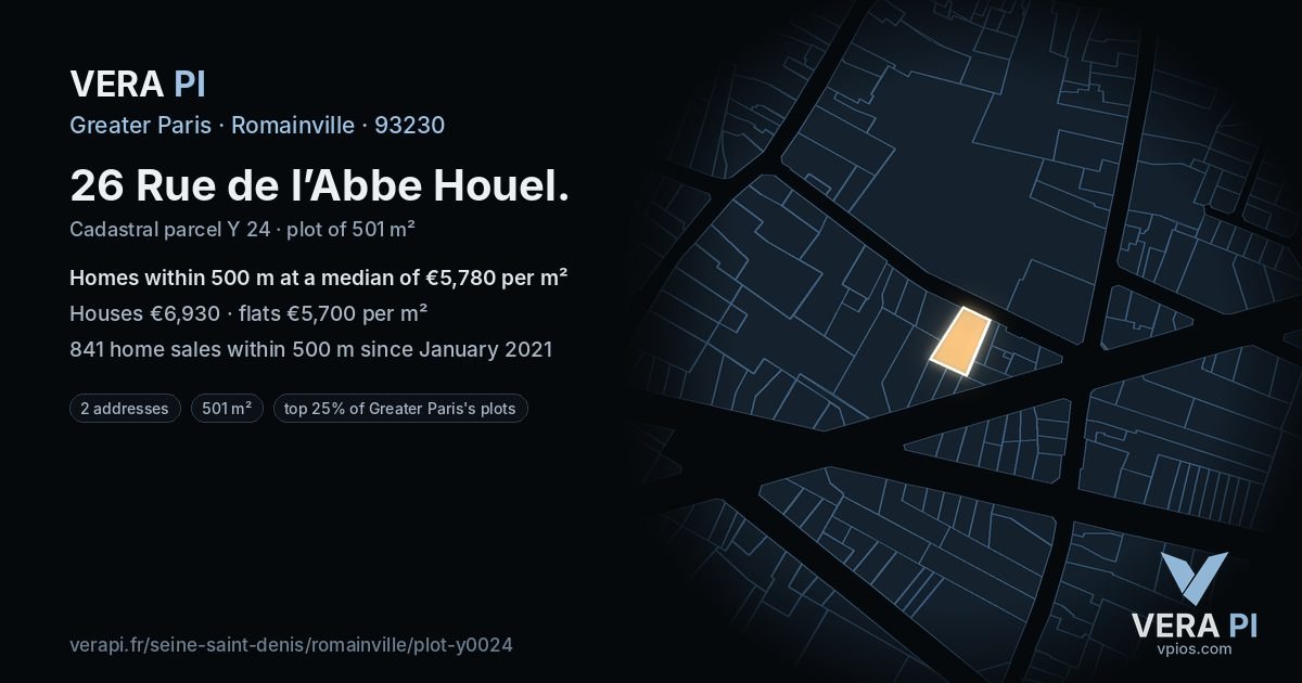 26 Rue de l’Abbe Houel, Romainville at night – the plot lit, the parcels around coloured by the prices near them