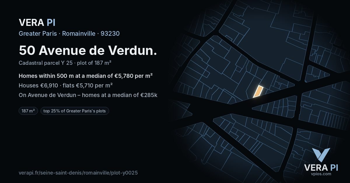 50 Avenue de Verdun, Romainville at night – the plot lit, the parcels around coloured by the prices near them