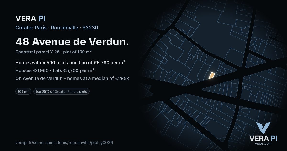 48 Avenue de Verdun, Romainville at night – the plot lit, the parcels around coloured by the prices near them