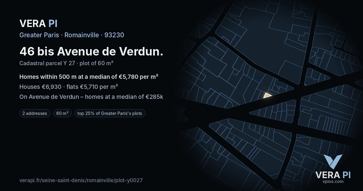 46 bis Avenue de Verdun, Romainville at night – the plot lit, the parcels around coloured by the prices near them