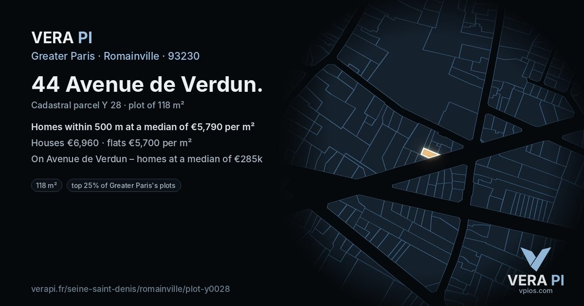 44 Avenue de Verdun, Romainville at night – the plot lit, the parcels around coloured by the prices near them