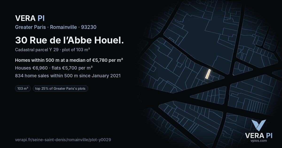 30 Rue de l’Abbe Houel, Romainville at night – the plot lit, the parcels around coloured by the prices near them
