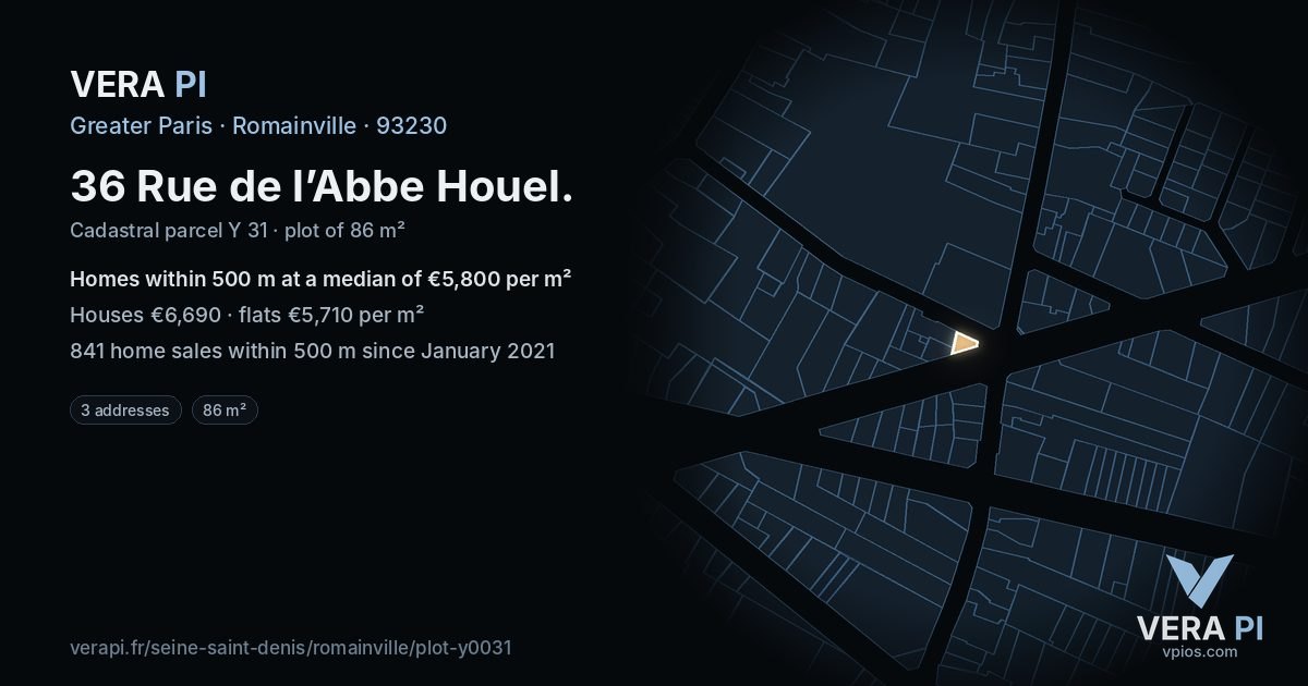36 Rue de l’Abbe Houel, Romainville at night – the plot lit, the parcels around coloured by the prices near them