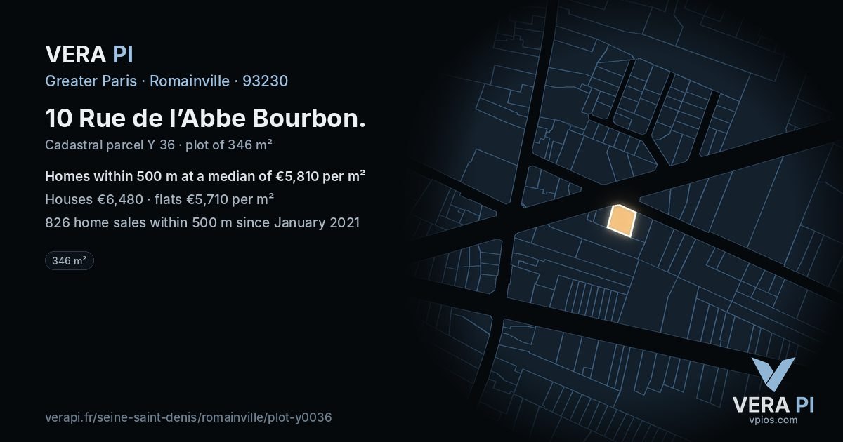 10 Rue de l’Abbe Bourbon, Romainville at night – the plot lit, the parcels around coloured by the prices near them
