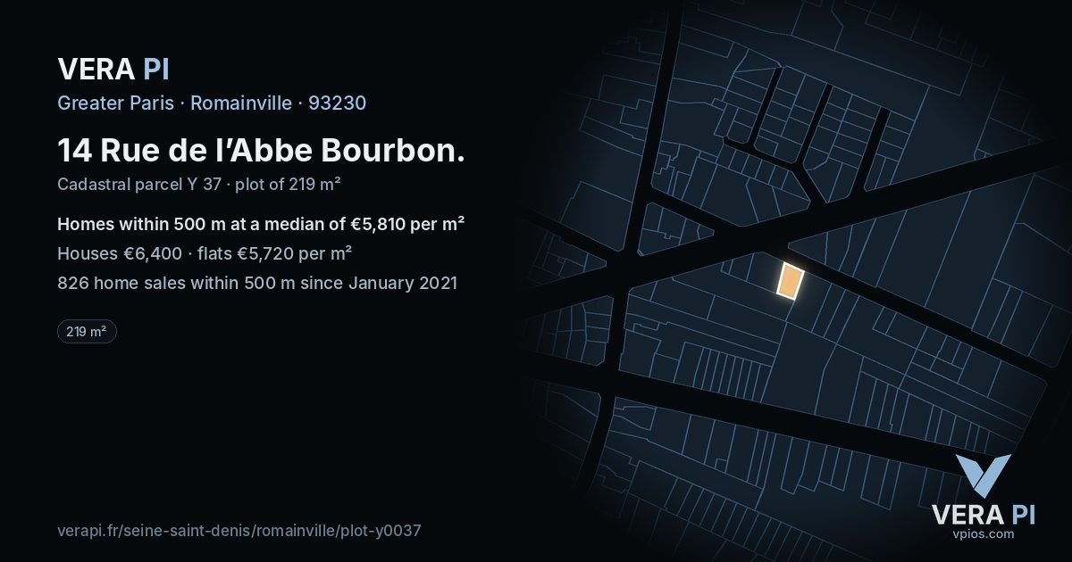 14 Rue de l’Abbe Bourbon, Romainville at night – the plot lit, the parcels around coloured by the prices near them