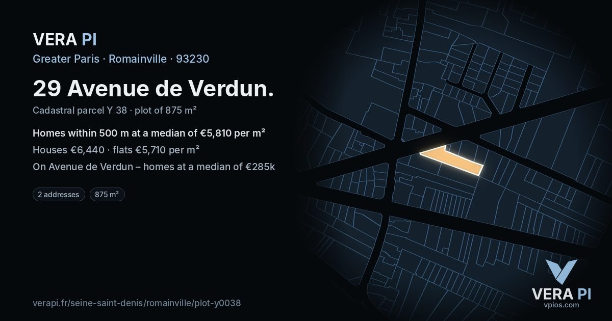 29 Avenue de Verdun, Romainville at night – the plot lit, the parcels around coloured by the prices near them