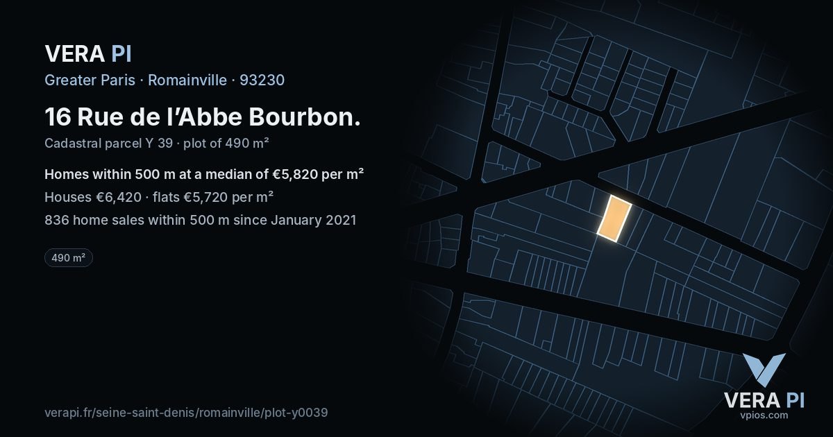 16 Rue de l’Abbe Bourbon, Romainville at night – the plot lit, the parcels around coloured by the prices near them