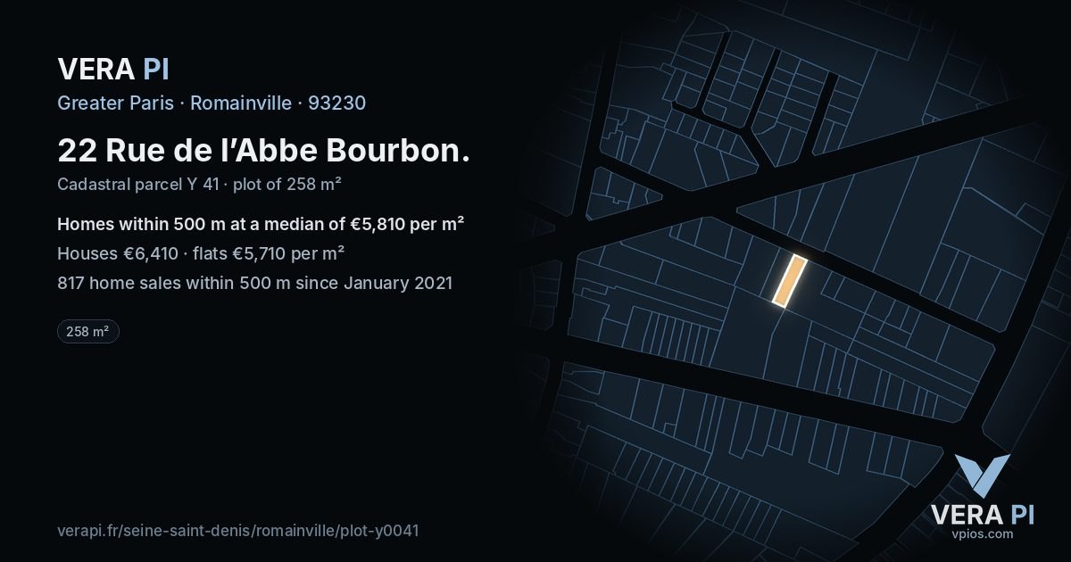 22 Rue de l’Abbe Bourbon, Romainville at night – the plot lit, the parcels around coloured by the prices near them