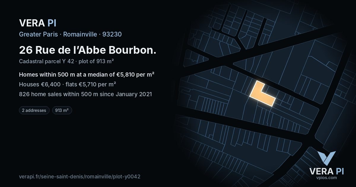 26 Rue de l’Abbe Bourbon, Romainville at night – the plot lit, the parcels around coloured by the prices near them
