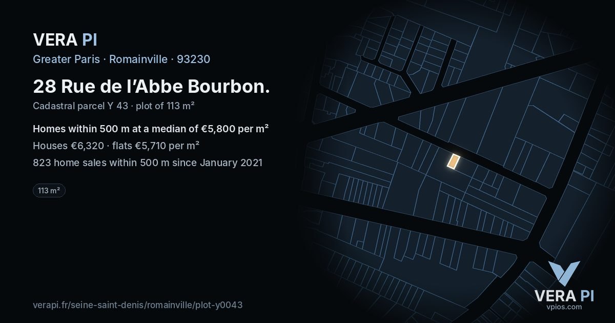 28 Rue de l’Abbe Bourbon, Romainville at night – the plot lit, the parcels around coloured by the prices near them