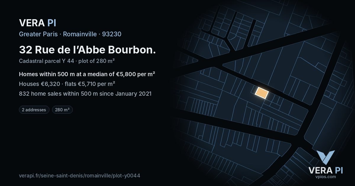 32 Rue de l’Abbe Bourbon, Romainville at night – the plot lit, the parcels around coloured by the prices near them