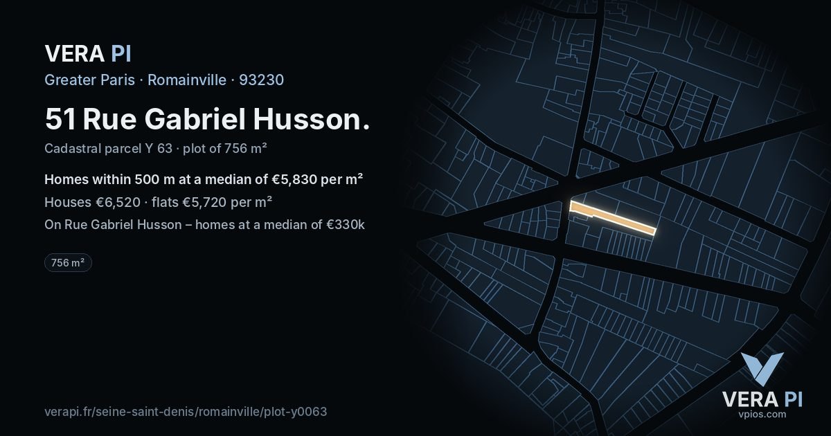51 Rue Gabriel Husson, Romainville at night – the plot lit, the parcels around coloured by the prices near them