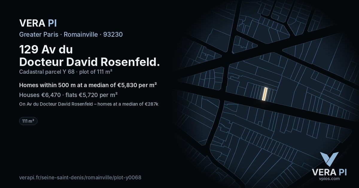 129 Av du Docteur David Rosenfeld, Romainville at night – the plot lit, the parcels around coloured by the prices near them