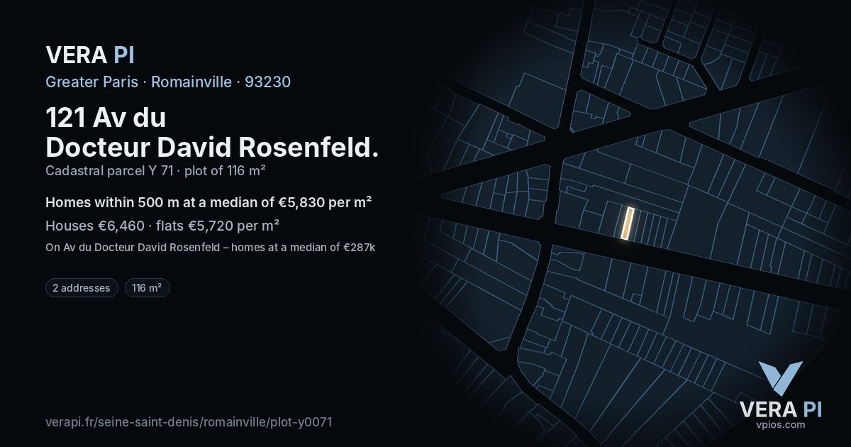 121 Av du Docteur David Rosenfeld, Romainville at night – the plot lit, the parcels around coloured by the prices near them