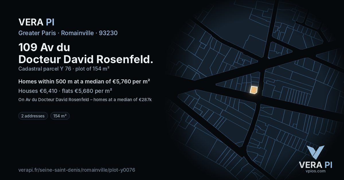 109 Av du Docteur David Rosenfeld, Romainville at night – the plot lit, the parcels around coloured by the prices near them
