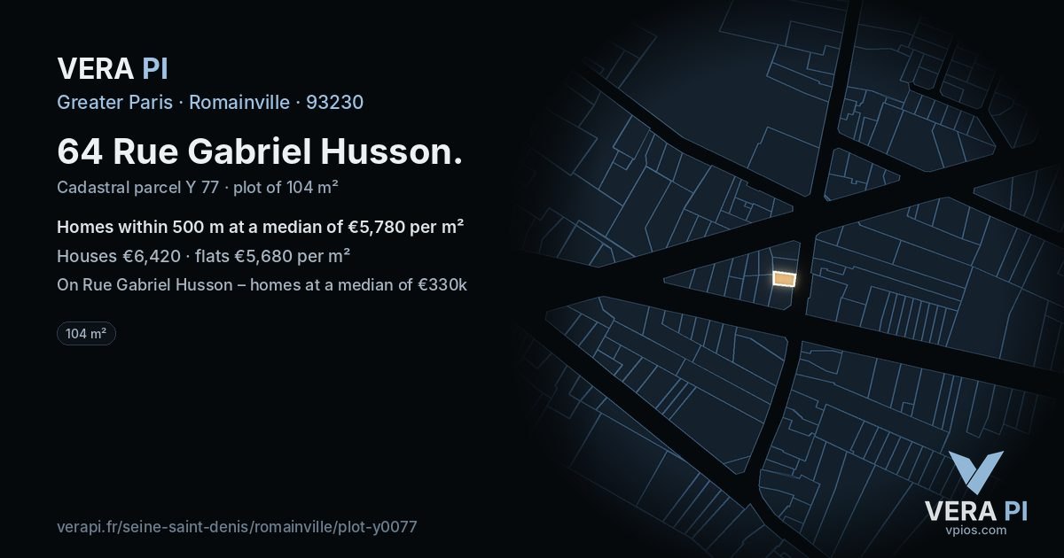 64 Rue Gabriel Husson, Romainville at night – the plot lit, the parcels around coloured by the prices near them