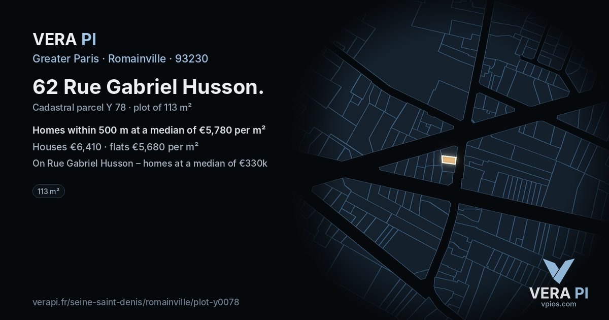 62 Rue Gabriel Husson, Romainville at night – the plot lit, the parcels around coloured by the prices near them