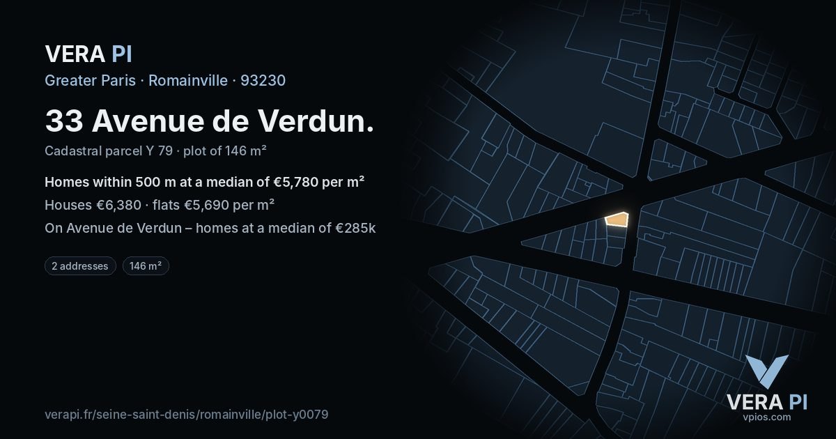 33 Avenue de Verdun, Romainville at night – the plot lit, the parcels around coloured by the prices near them