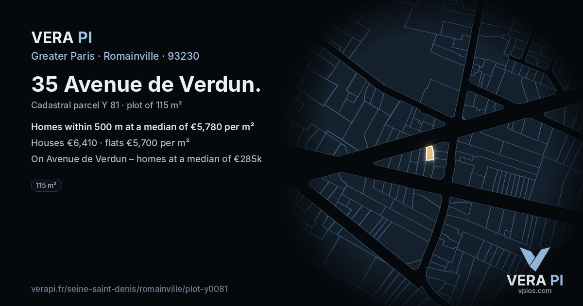 35 Avenue de Verdun, Romainville at night – the plot lit, the parcels around coloured by the prices near them