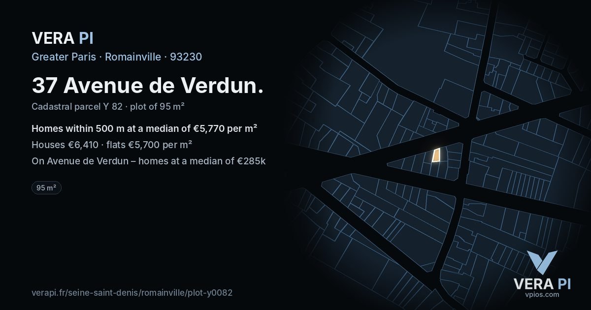 37 Avenue de Verdun, Romainville at night – the plot lit, the parcels around coloured by the prices near them