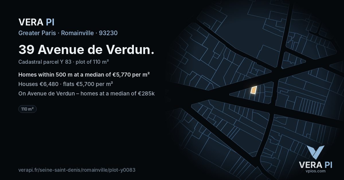 39 Avenue de Verdun, Romainville at night – the plot lit, the parcels around coloured by the prices near them