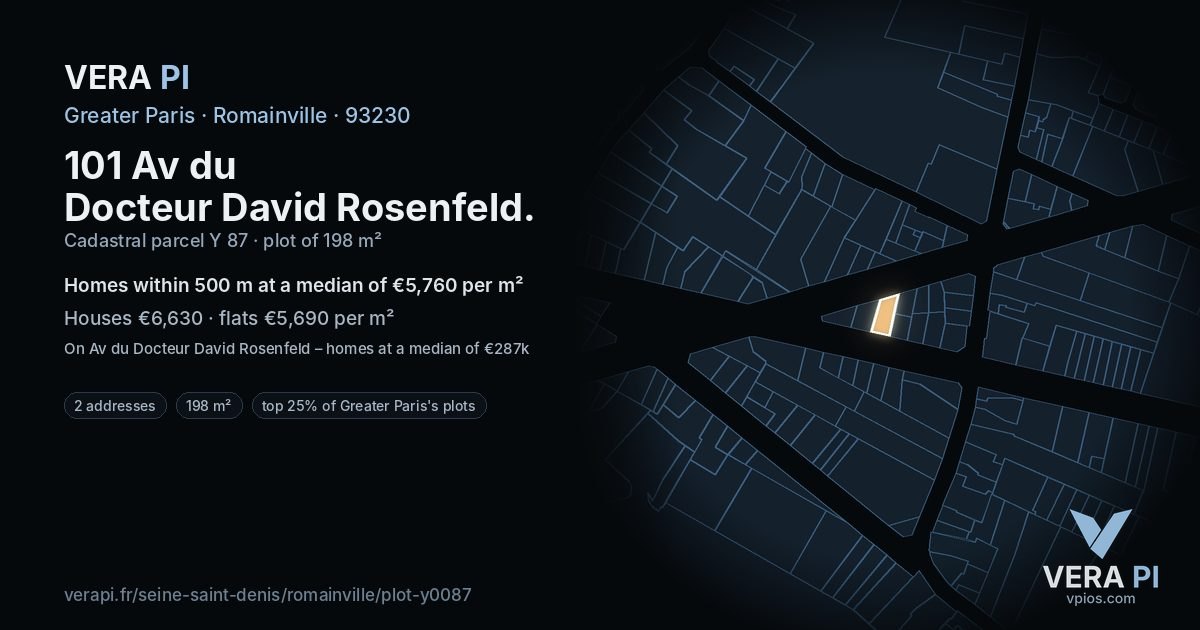 101 Av du Docteur David Rosenfeld, Romainville at night – the plot lit, the parcels around coloured by the prices near them