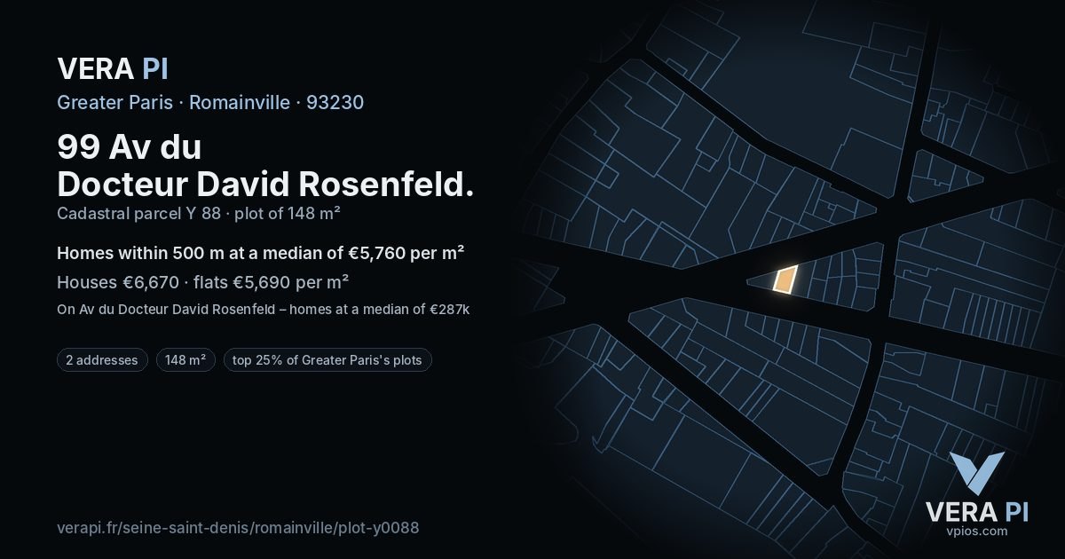 99 Av du Docteur David Rosenfeld, Romainville at night – the plot lit, the parcels around coloured by the prices near them