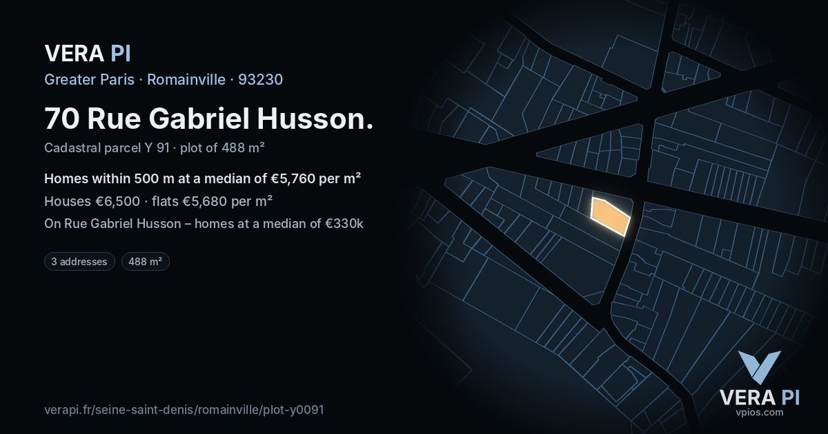 70 Rue Gabriel Husson, Romainville at night – the plot lit, the parcels around coloured by the prices near them
