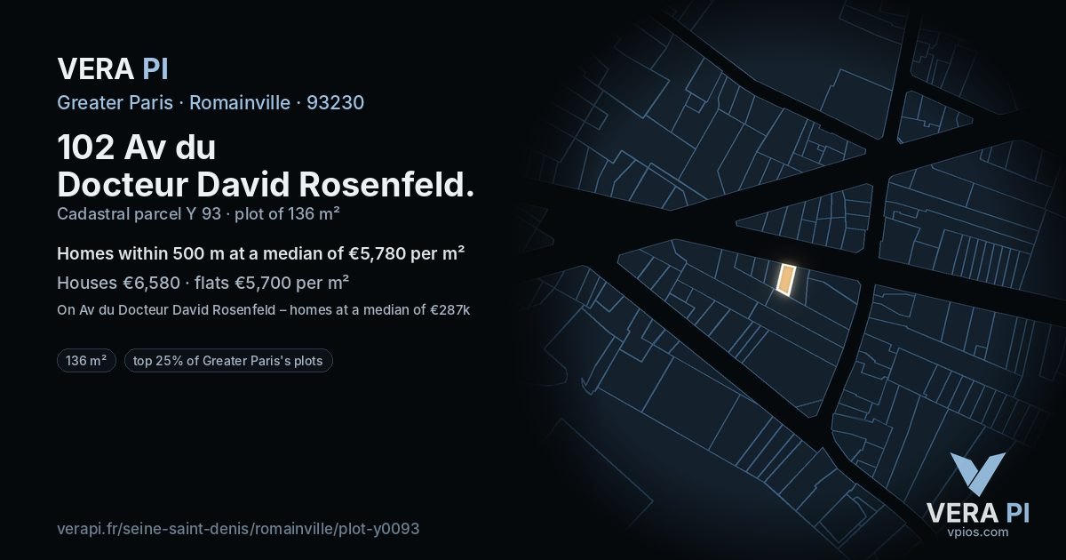 102 Av du Docteur David Rosenfeld, Romainville at night – the plot lit, the parcels around coloured by the prices near them