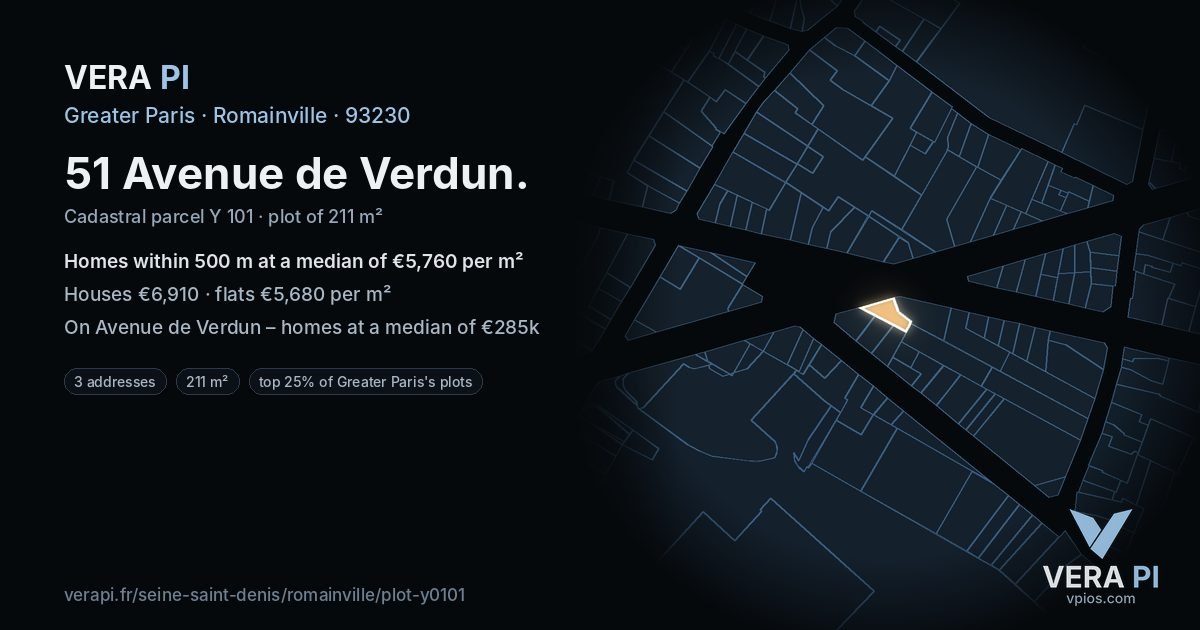 51 Avenue de Verdun, Romainville at night – the plot lit, the parcels around coloured by the prices near them