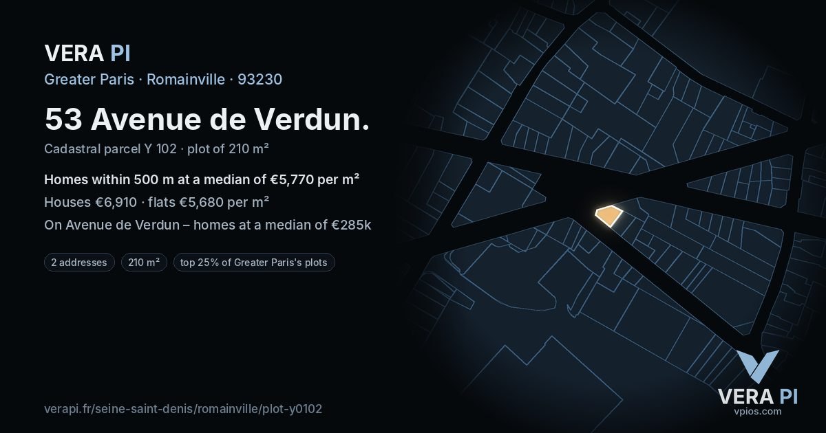 53 Avenue de Verdun, Romainville at night – the plot lit, the parcels around coloured by the prices near them