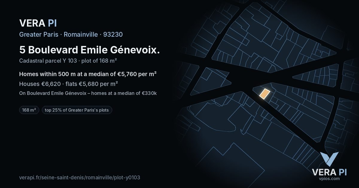 5 Boulevard Emile Génevoix, Romainville at night – the plot lit, the parcels around coloured by the prices near them