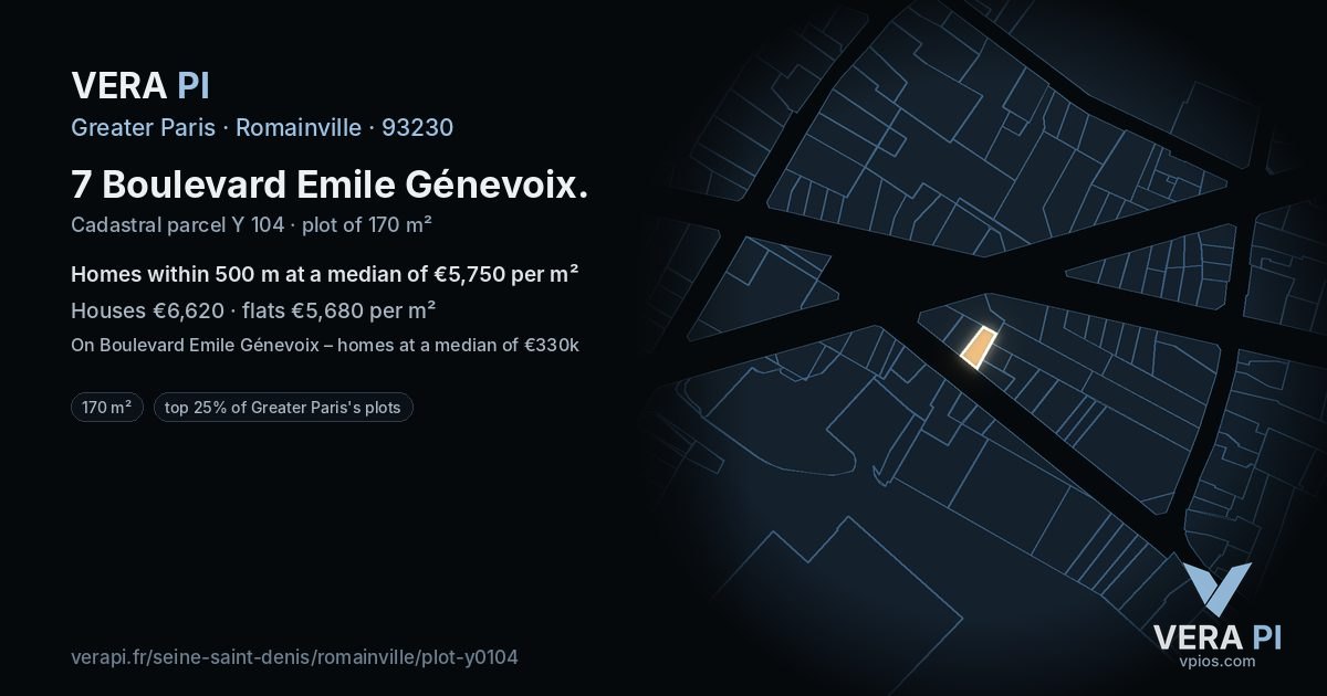 7 Boulevard Emile Génevoix, Romainville at night – the plot lit, the parcels around coloured by the prices near them