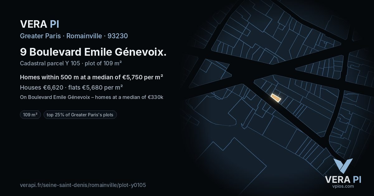 9 Boulevard Emile Génevoix, Romainville at night – the plot lit, the parcels around coloured by the prices near them