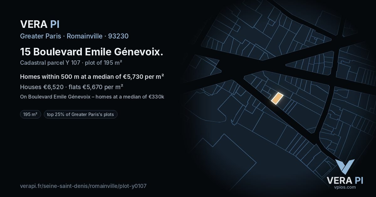 15 Boulevard Emile Génevoix, Romainville at night – the plot lit, the parcels around coloured by the prices near them