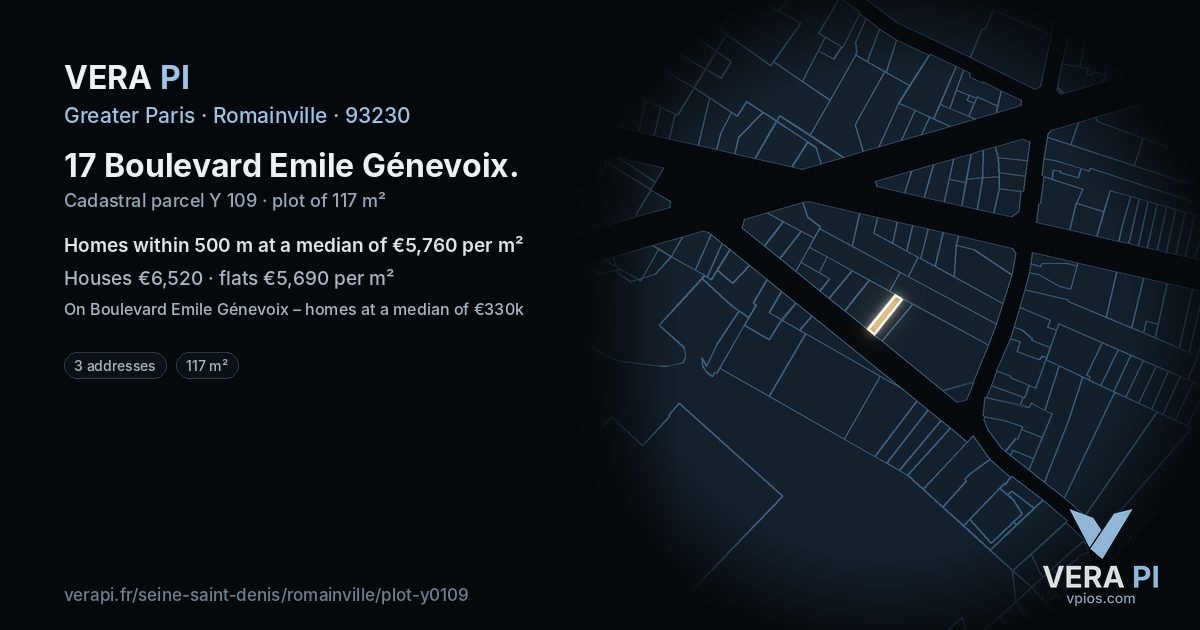 17 Boulevard Emile Génevoix, Romainville at night – the plot lit, the parcels around coloured by the prices near them