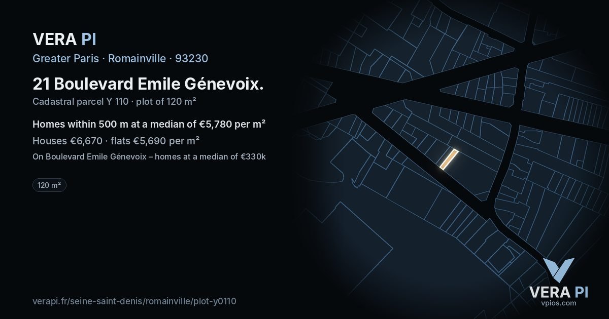 21 Boulevard Emile Génevoix, Romainville at night – the plot lit, the parcels around coloured by the prices near them