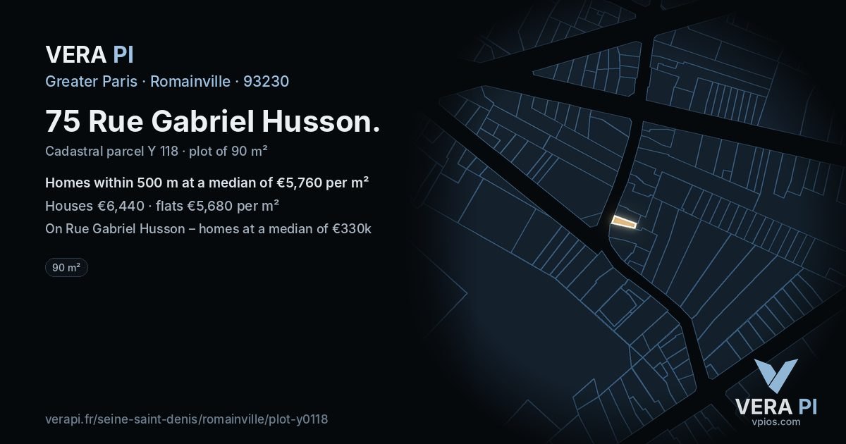 75 Rue Gabriel Husson, Romainville at night – the plot lit, the parcels around coloured by the prices near them