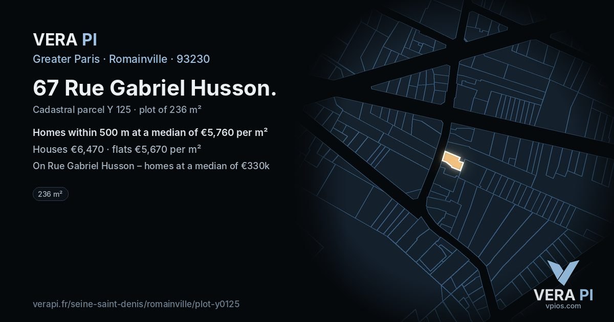 67 Rue Gabriel Husson, Romainville at night – the plot lit, the parcels around coloured by the prices near them