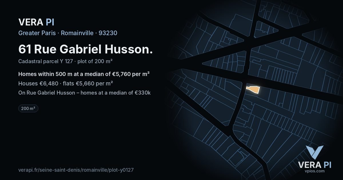 61 Rue Gabriel Husson, Romainville at night – the plot lit, the parcels around coloured by the prices near them