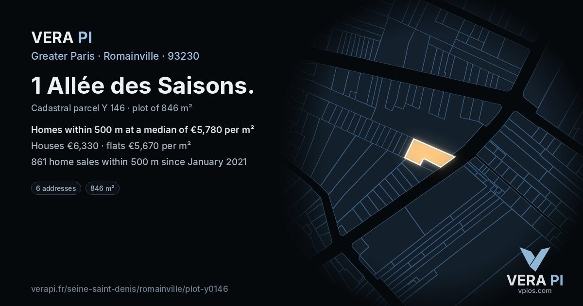 1 Allée des Saisons, Romainville at night – the plot lit, the parcels around coloured by the prices near them