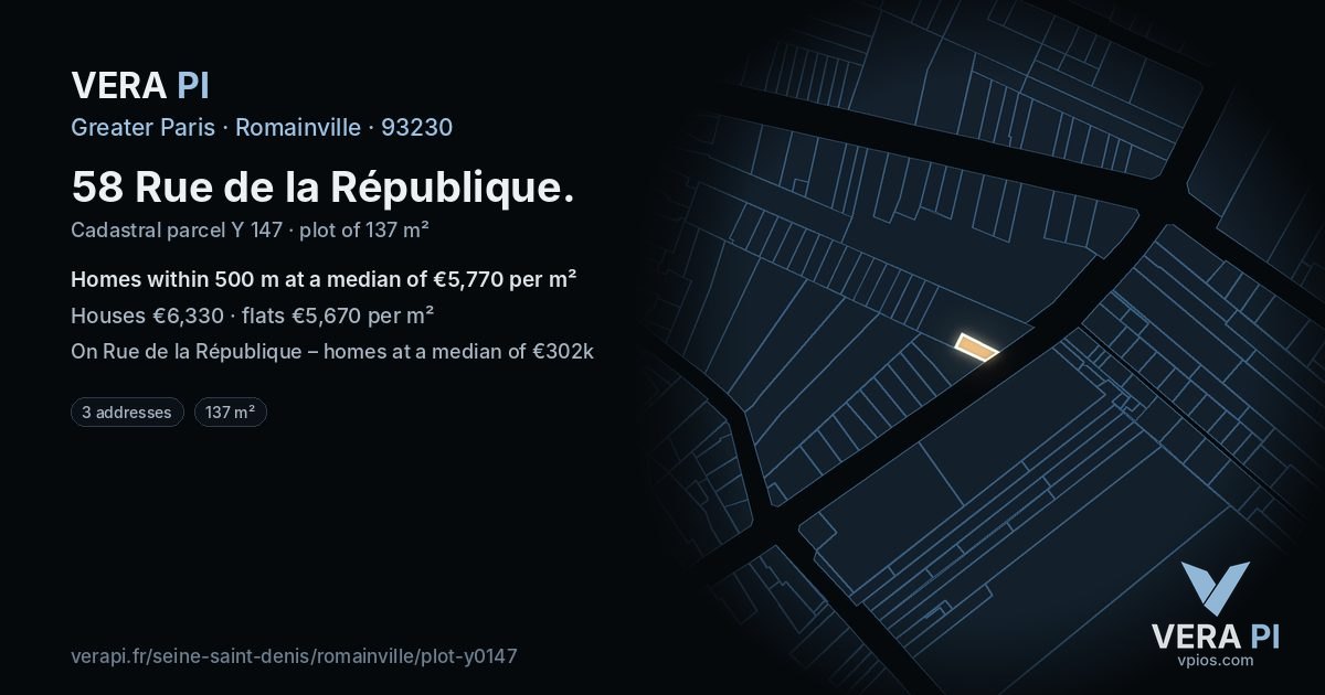 58 Rue de la République, Romainville at night – the plot lit, the parcels around coloured by the prices near them