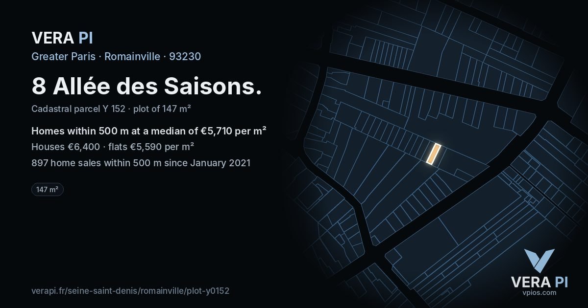 8 Allée des Saisons, Romainville at night – the plot lit, the parcels around coloured by the prices near them