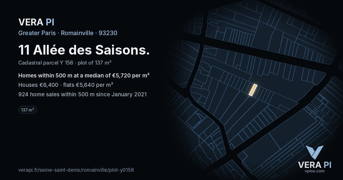 11 Allée des Saisons, Romainville at night – the plot lit, the parcels around coloured by the prices near them