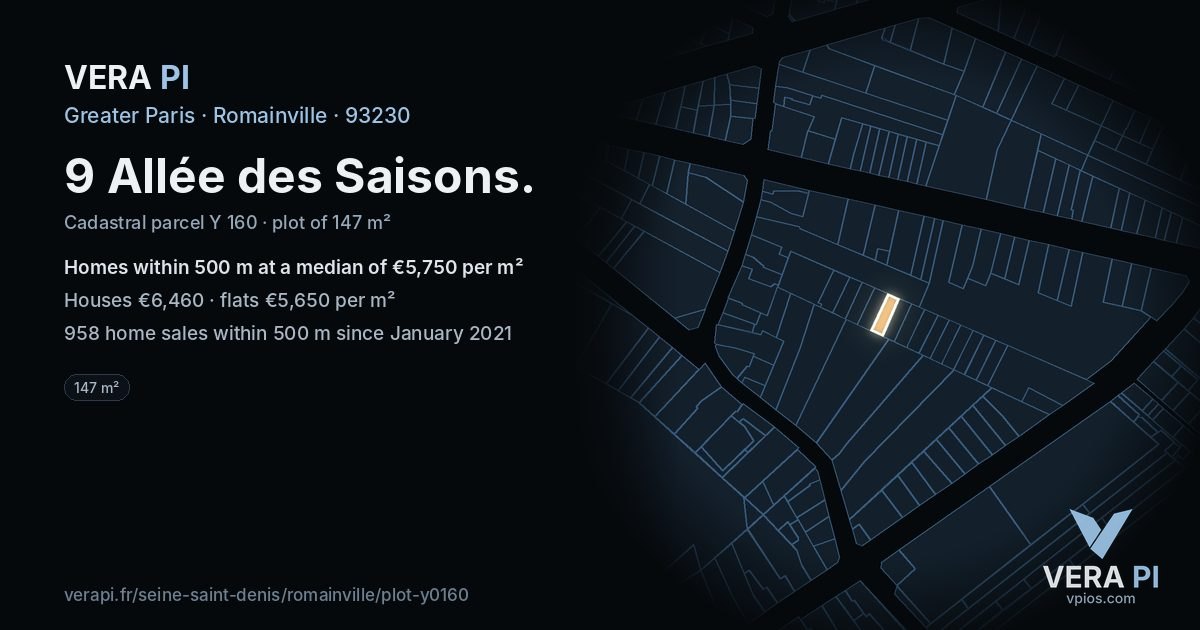 9 Allée des Saisons, Romainville at night – the plot lit, the parcels around coloured by the prices near them