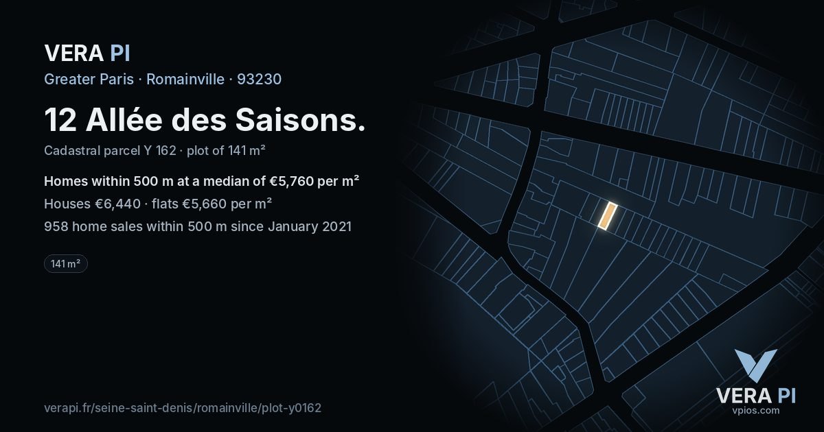 12 Allée des Saisons, Romainville at night – the plot lit, the parcels around coloured by the prices near them