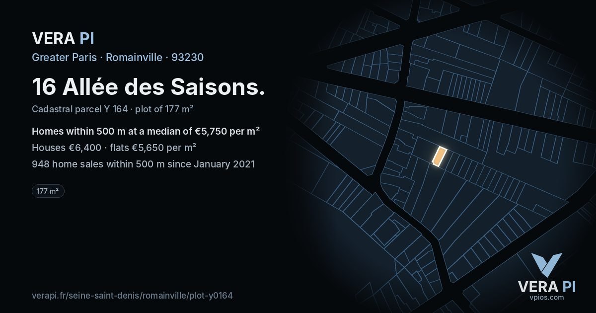 16 Allée des Saisons, Romainville at night – the plot lit, the parcels around coloured by the prices near them