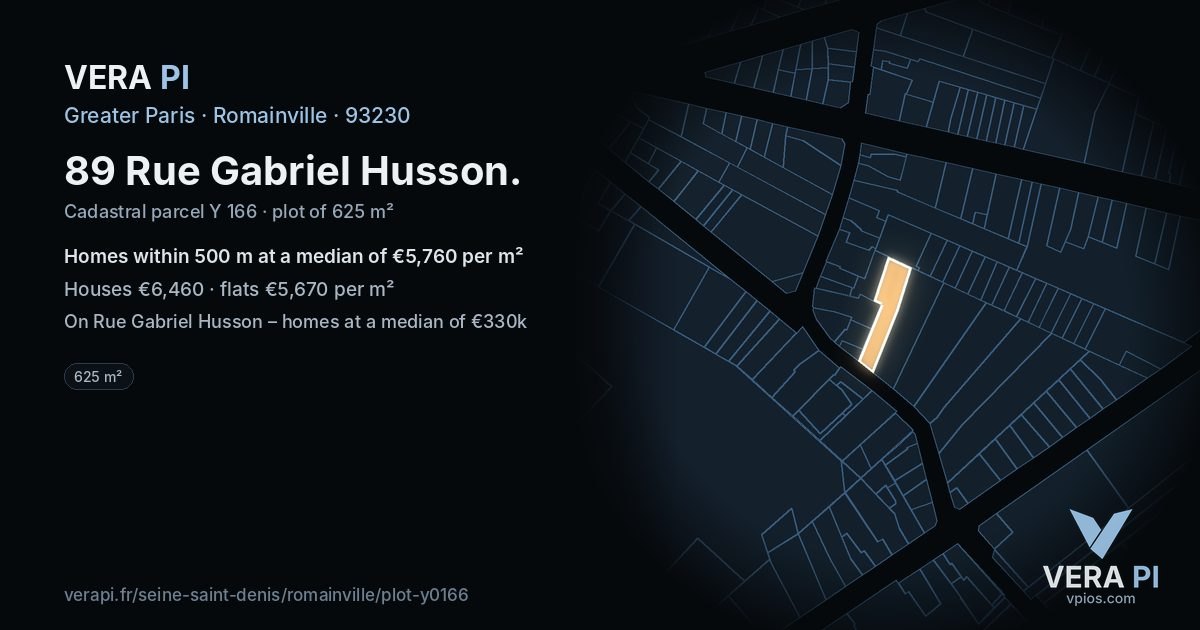 89 Rue Gabriel Husson, Romainville at night – the plot lit, the parcels around coloured by the prices near them