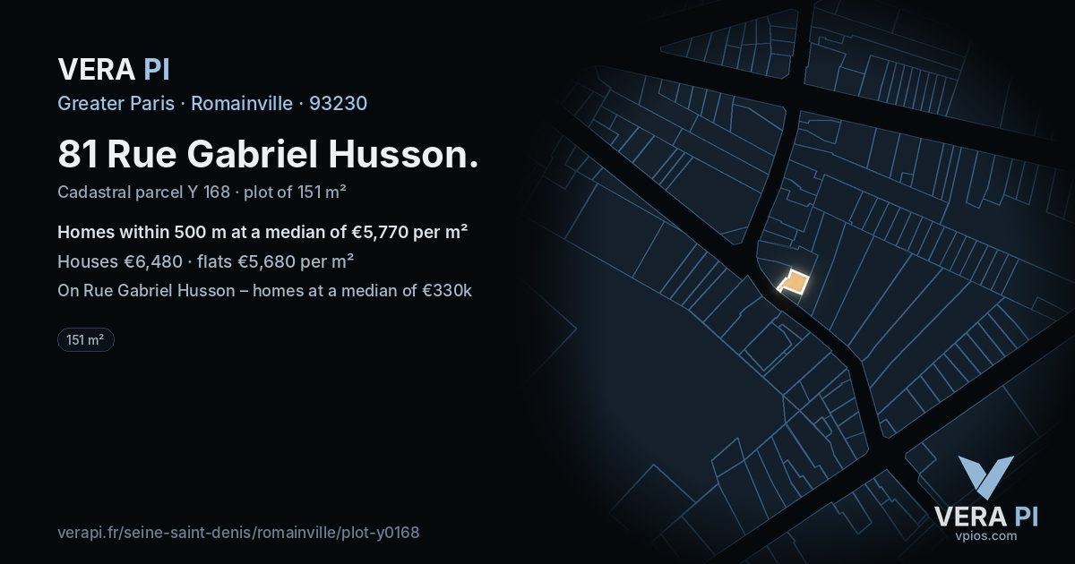 81 Rue Gabriel Husson, Romainville at night – the plot lit, the parcels around coloured by the prices near them
