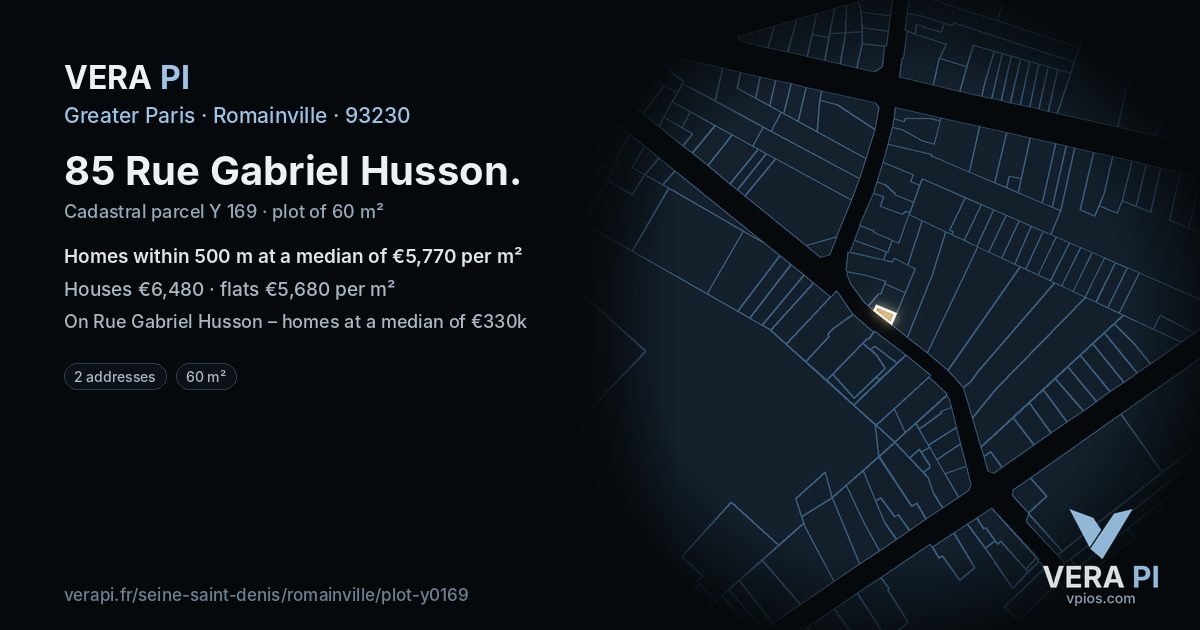 85 Rue Gabriel Husson, Romainville at night – the plot lit, the parcels around coloured by the prices near them